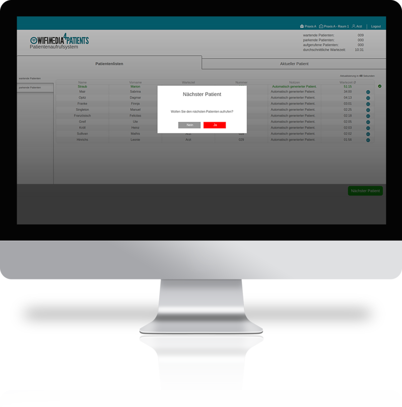 Aufruf eines Patienten in der Administrationsübersicht